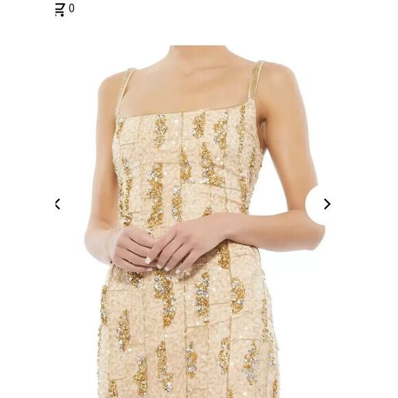NWT Mac Duggal 10770 Beaded Square Neck Midi Dress Sz 4 Nude Gold - Picture 2 of 9